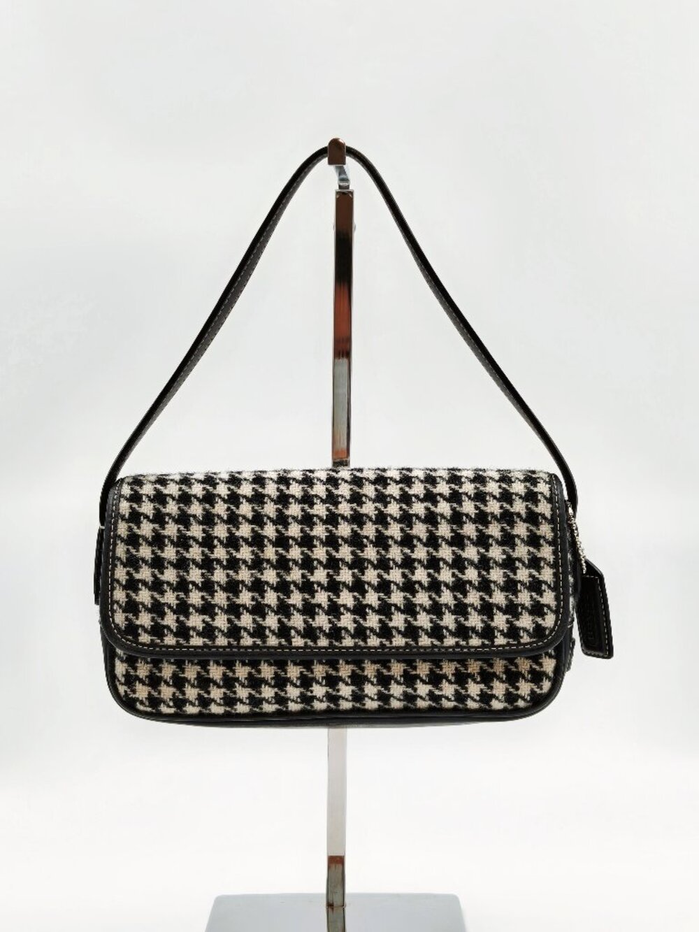 Coach Houndstooth Wool Leather Shoulder Bag Black White Handbag